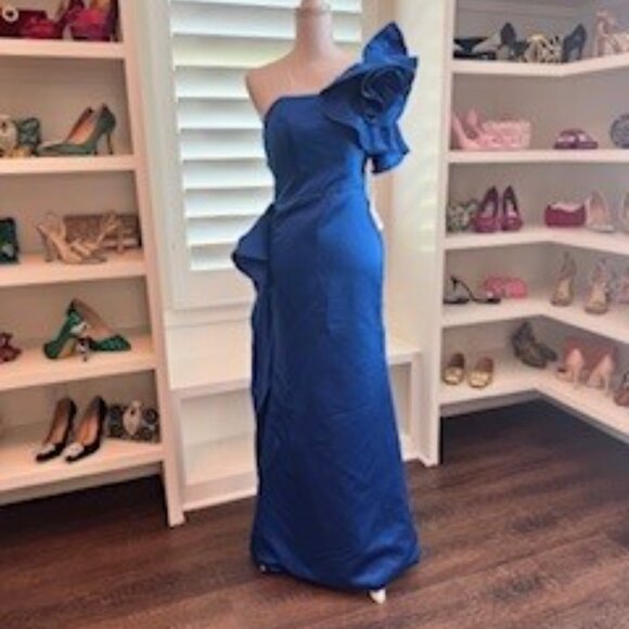 Dramatic One-Shoulder Cobalt Blue Gown - Picture 2 of 7